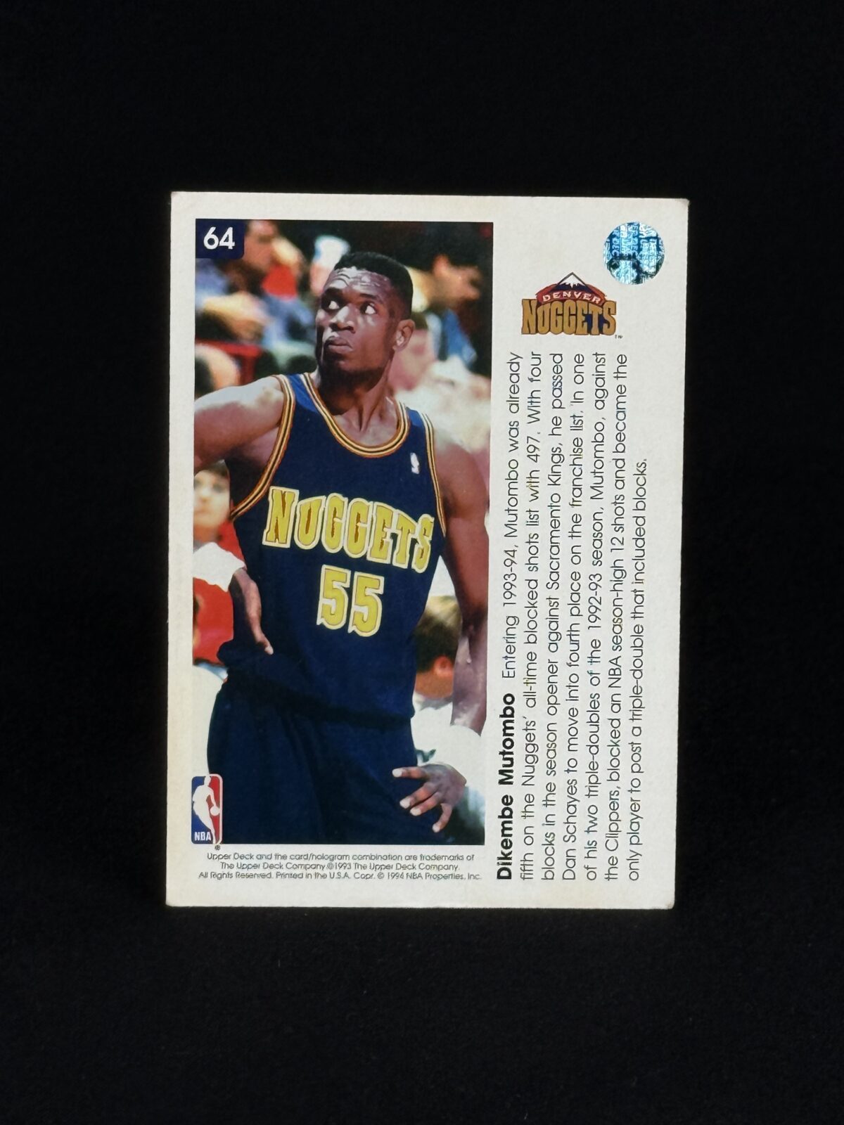 1994 Upper Deck Dikembe Mutombo #64 Pro View 3‑D Basketball Card - Image 2