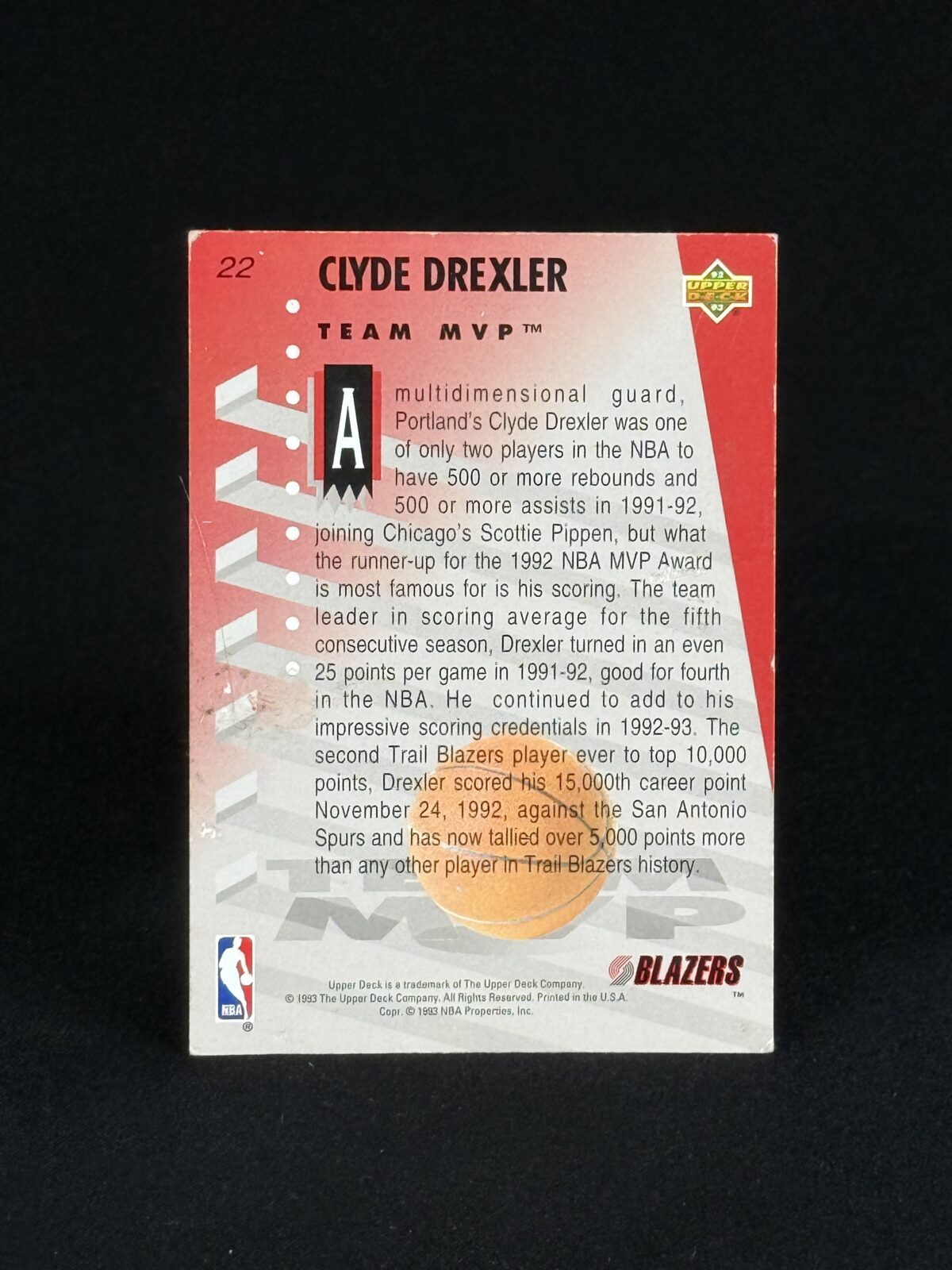 1993 Upper Deck Clyde Drexler #22 Team MVP Basketball Card - Image 2